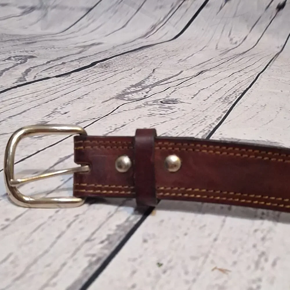 Brown Genuine Leather Belt Double Stitch Silver Tone Buckle Classic SzL 56